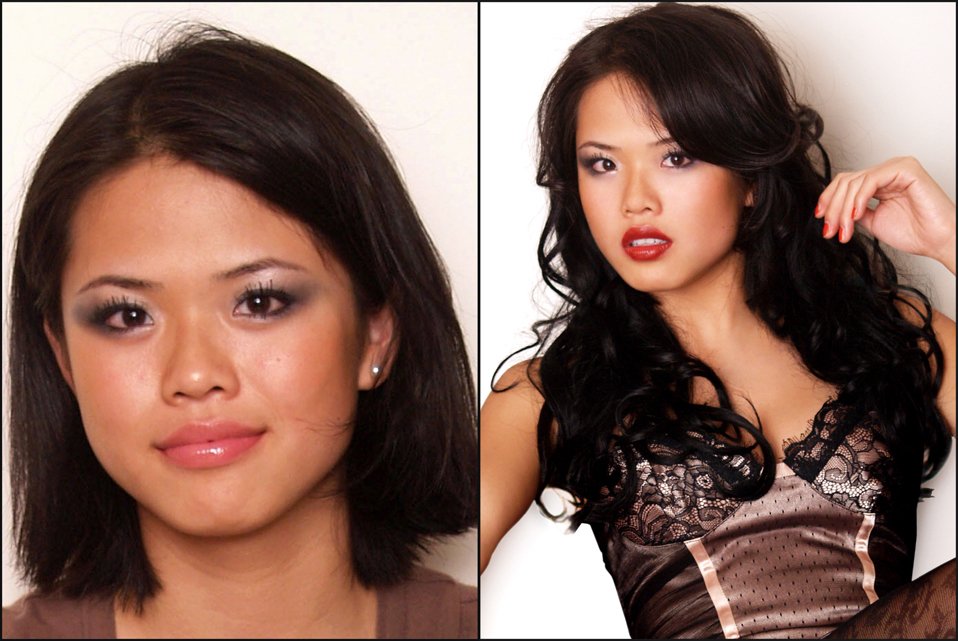 Before and After Hair Extensions Asian model